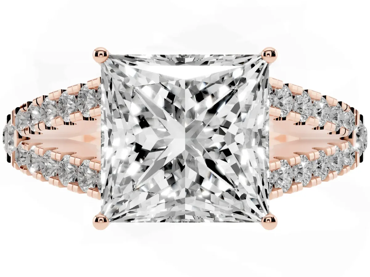Princess Cut Diamond Split Shank Engagement Ring with Round Pavé and Prong Setting Rose gold