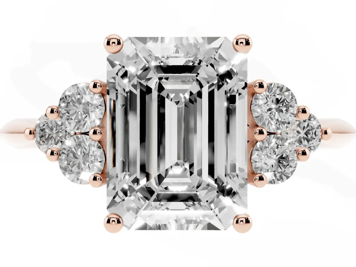 Emerald Cut Cut Diamond Cluster Ring with Solitaire Band and Four-Prong Setting Rose gold