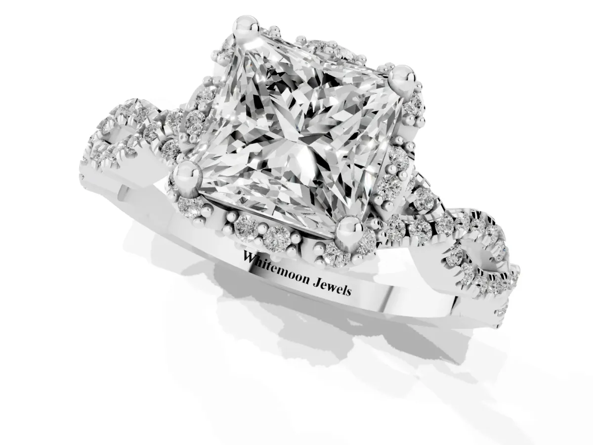 Princess Cut Halo Twist Band Solitaire Ring with Six-Prong Setting Silver