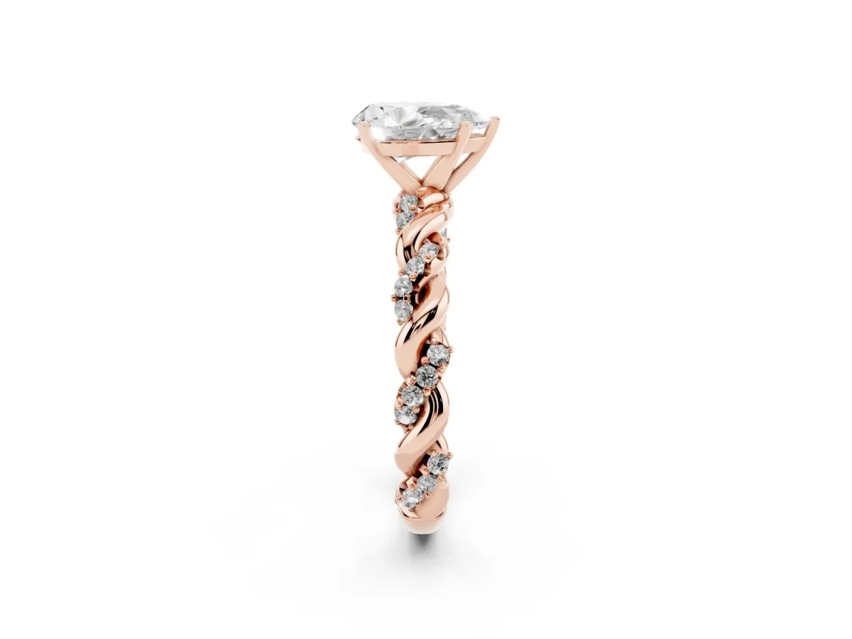 Pear Cut Diamond Solitaire Ring with Twisted Band and Pavé Accents Rose gold