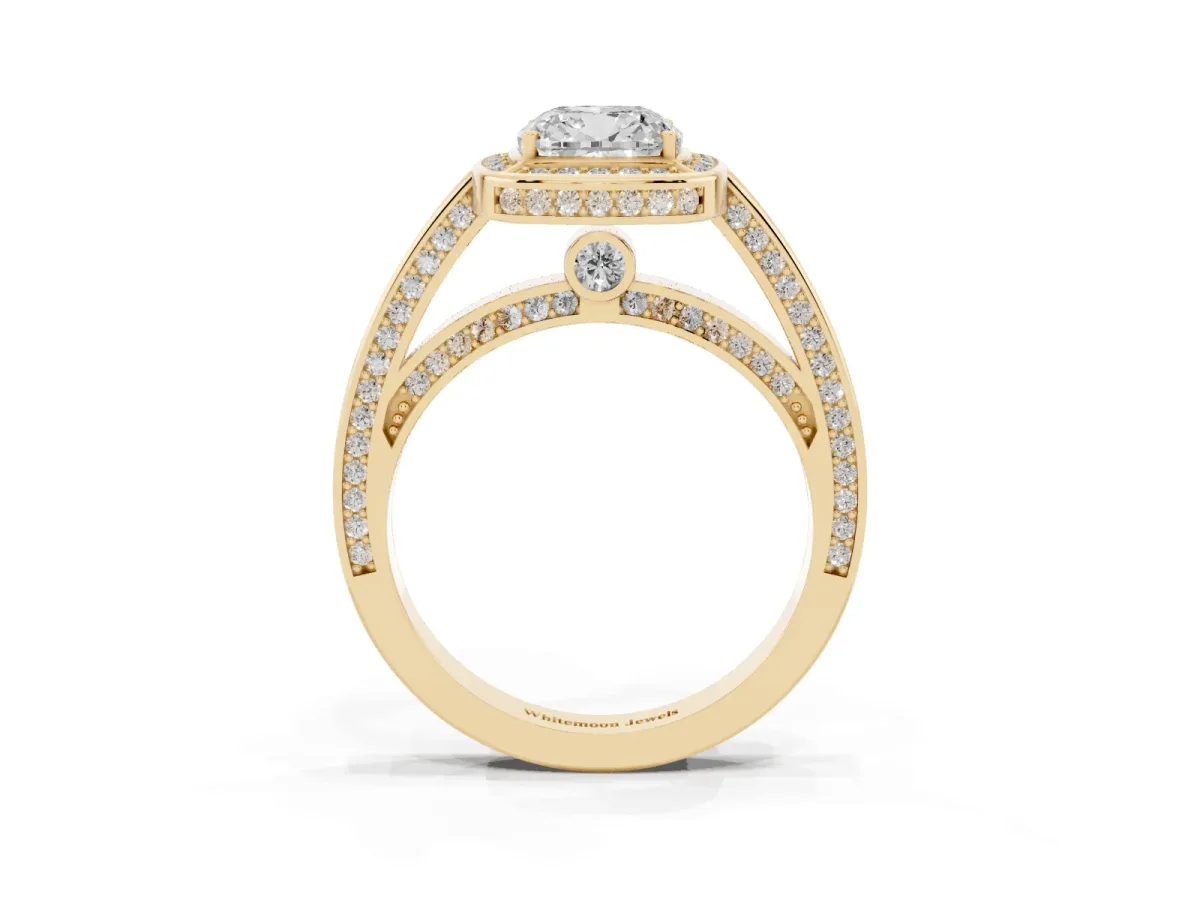Cushion Cut Cut Halo Pave Split Shank Prong Setting Ring Yellow gold