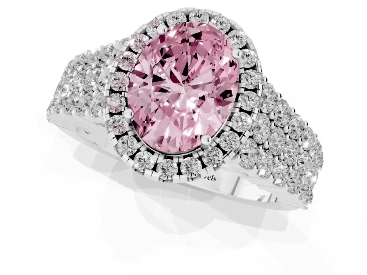 Fancy Pink Oval Cut Diamond Halo Engagement Ring with Triple Row Round Pavé Band and Prong Setting Platinum