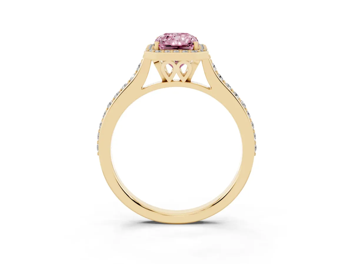 Fancy Pink Radiant Cut Diamond Halo Engagement Ring with Round Pavé Shoulders and Prong Setting Yellow gold