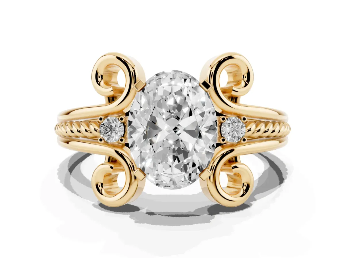 Oval Cut Solitaire Twisted Band Scroll Prong Ring Yellow gold