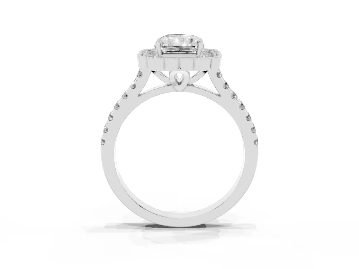Radiant Cut Cut Diamond Milgrain Floral Halo Engagement Ring with Pavé Band Silver