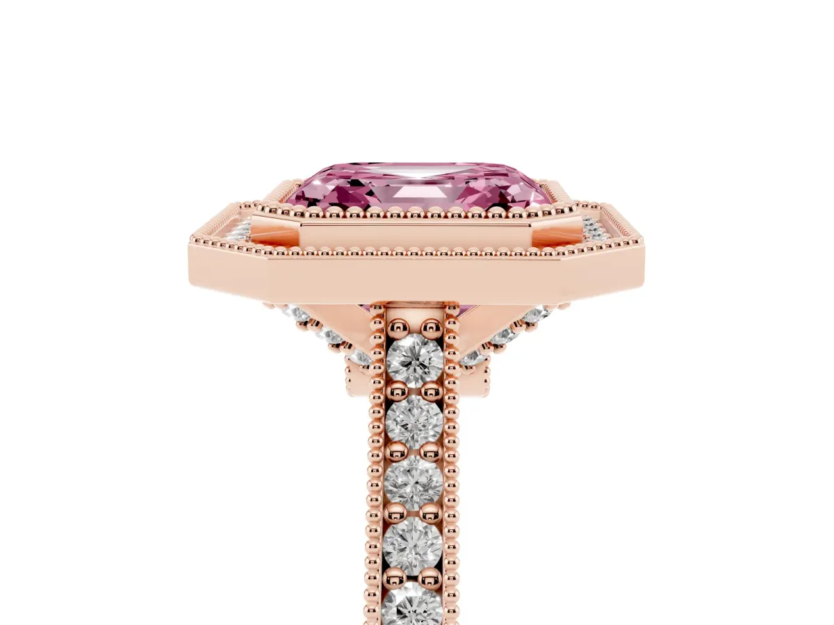 Fancy Pink Halo Asscher Cut-Cut Diamond Pave Band Milgrain Prong Setting Ring Rose gold