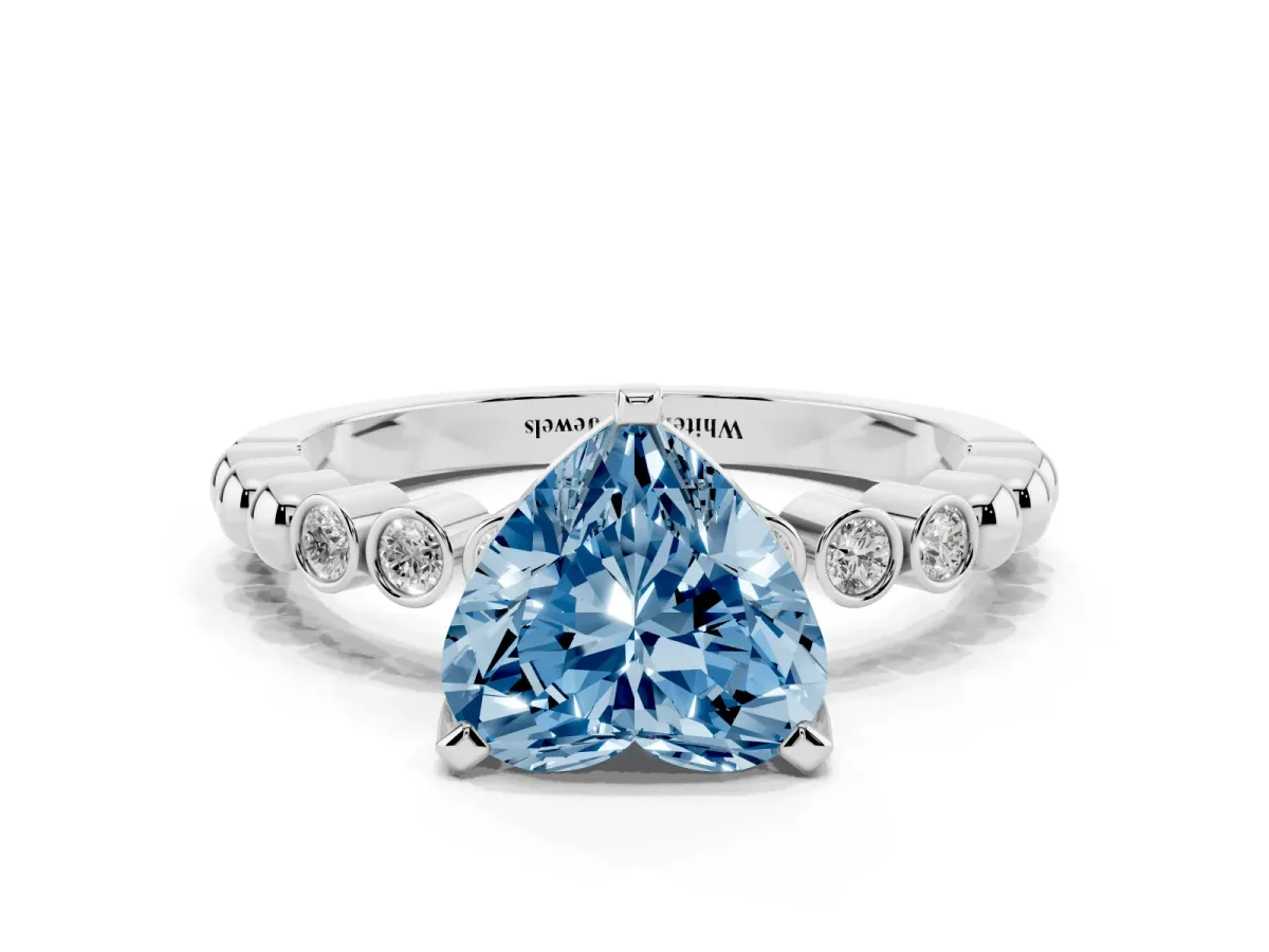Fancy Blue Heart Cut Solitaire Bezel Accent Diamond Engagement Ring with Beaded Band and Four-Prong Setting Platinum