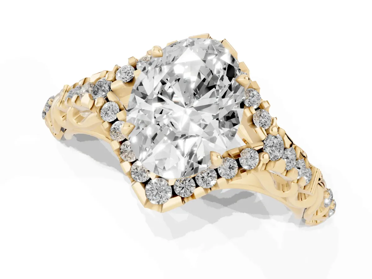 Oval Cut Diamond Solitaire Ring with Hidden Halo and Pavé Band Yellow gold