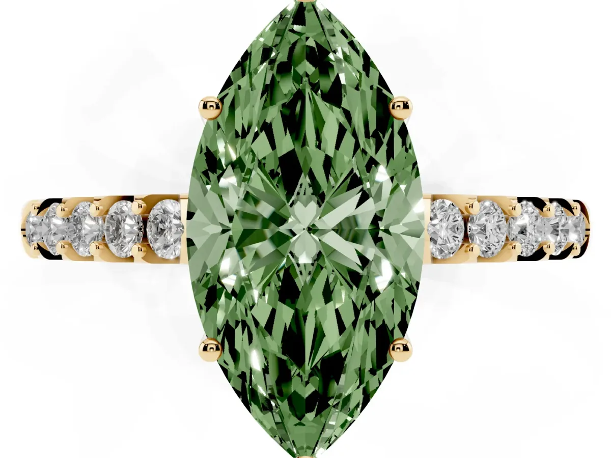 Fancy Green Marquise Cut Solitaire Diamond Engagement Ring with Pavé Band and Six-Prong Setting Yellow gold