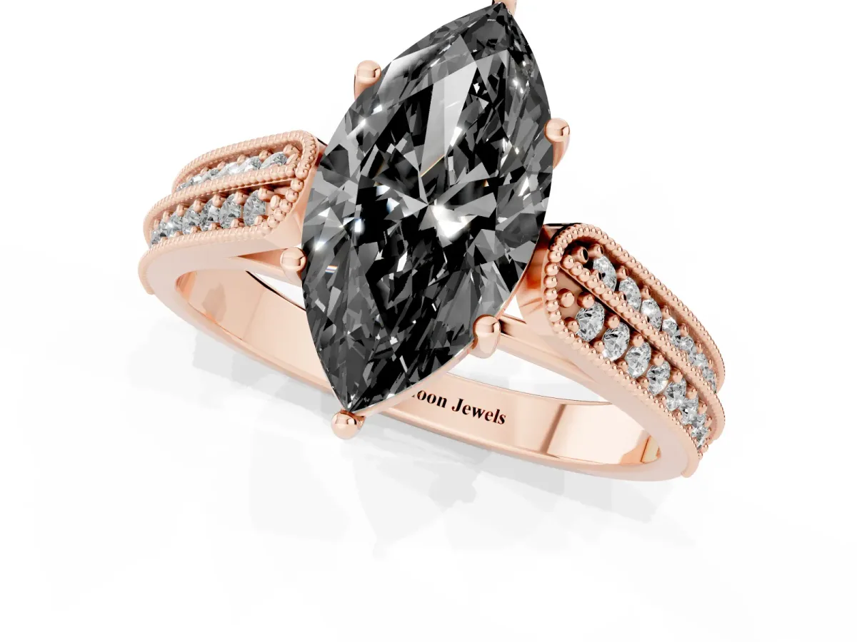 Fancy Black Marquise Cut Cut Pave Split Shank Engagement Ring with Four-Prong Setting Rose gold