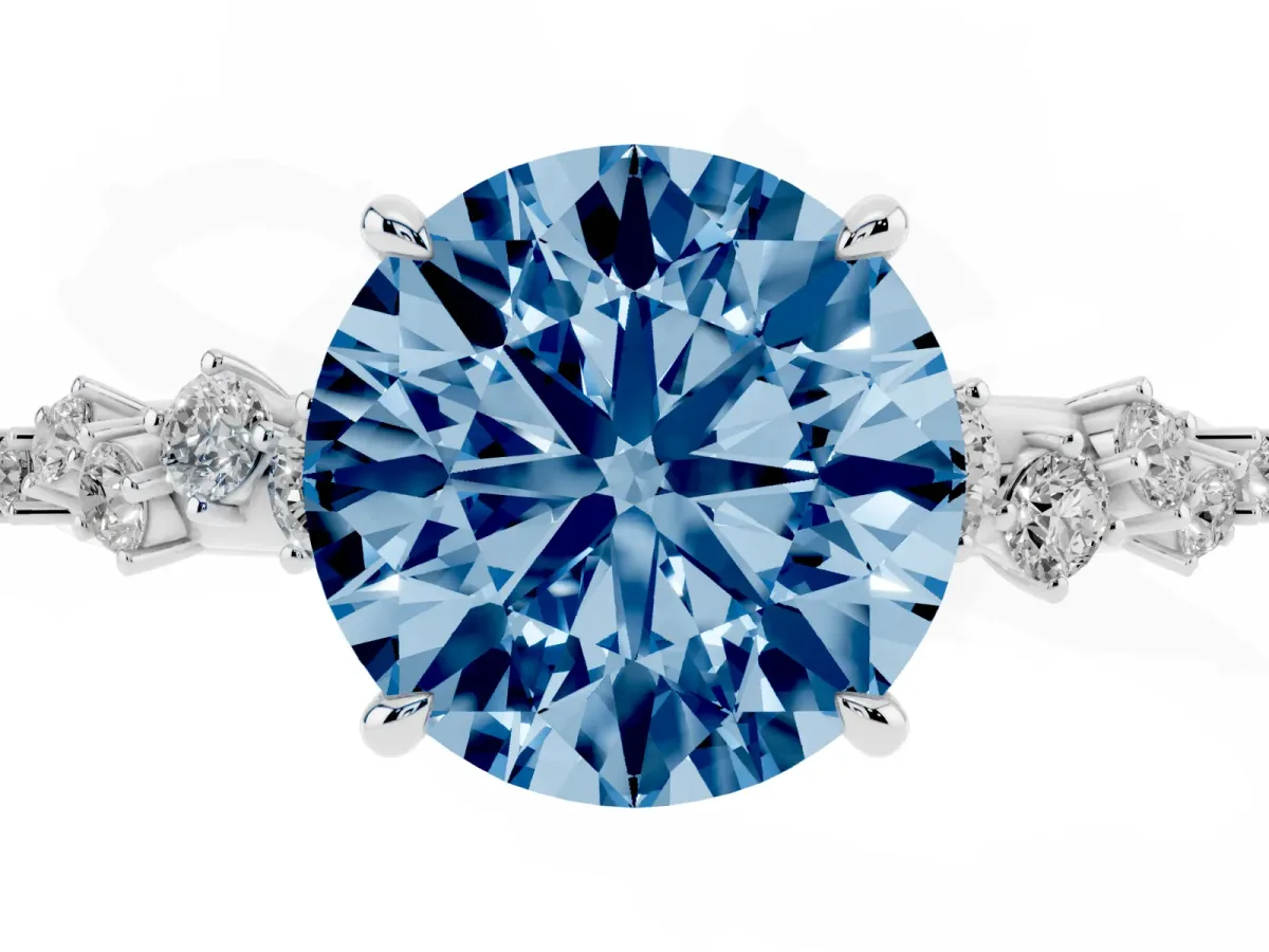 Fancy Blue Round Cut Diamond Cluster Side Stone Solitaire Ring with Prong Setting Silver