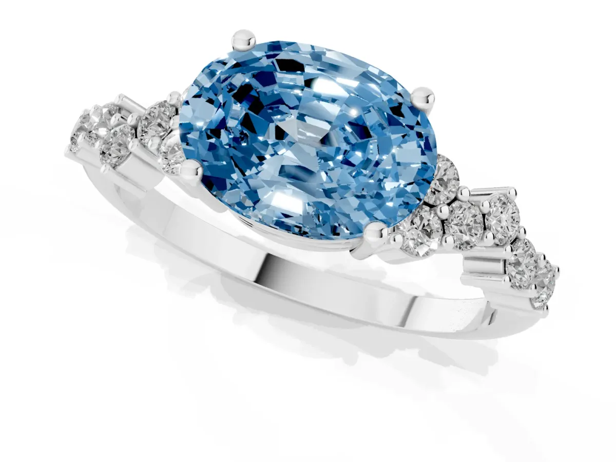 Fancy Blue Oval Cut Diamond Scattered Round Accent Ring with Prong Setting White gold
