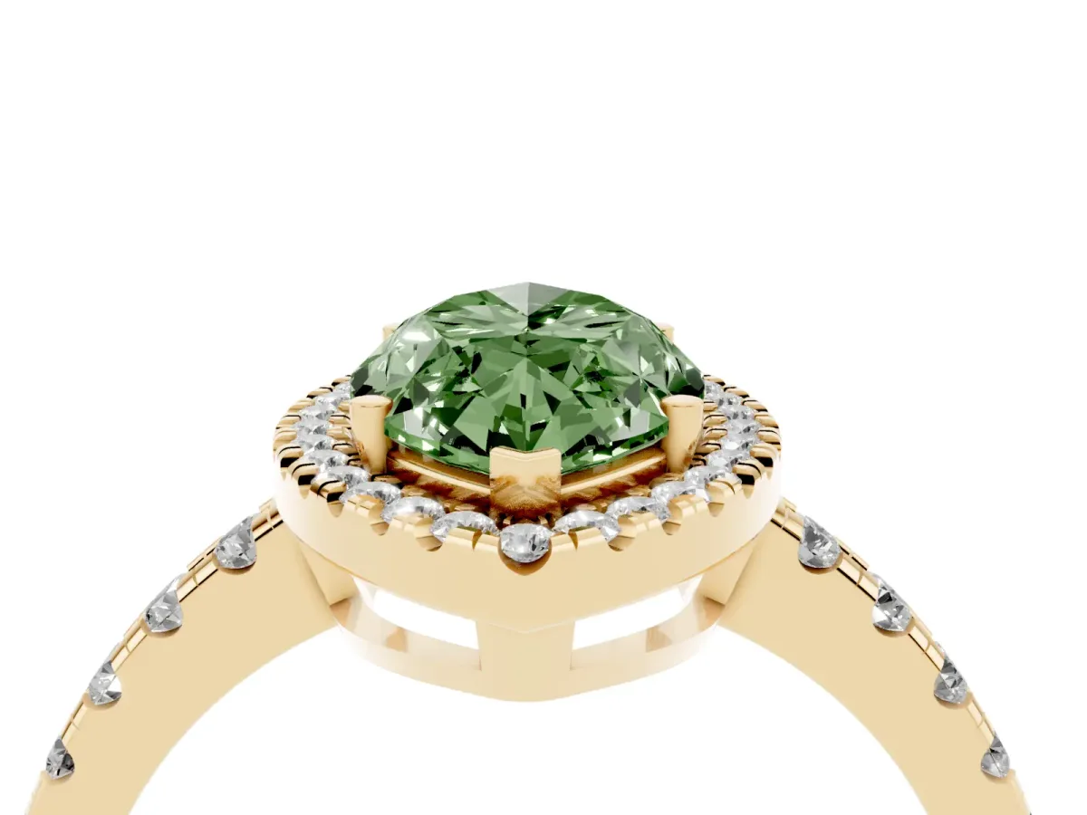 Fancy Green Marquise Cut Diamond Halo Ring with Pavé Band and Four-Prong Setting Yellow gold