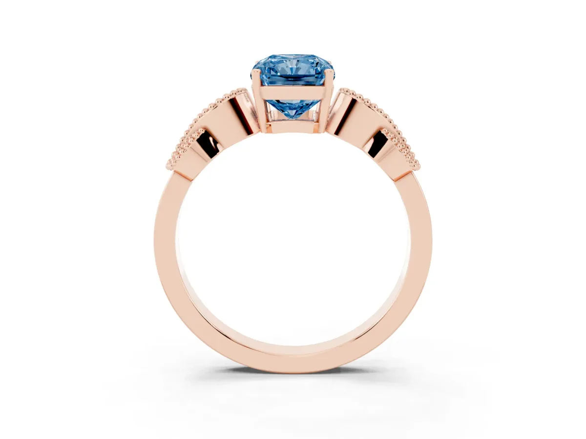 Fancy Blue Radiant Cut Solitaire Milgrain Leaf Band with Prong Setting Rose gold