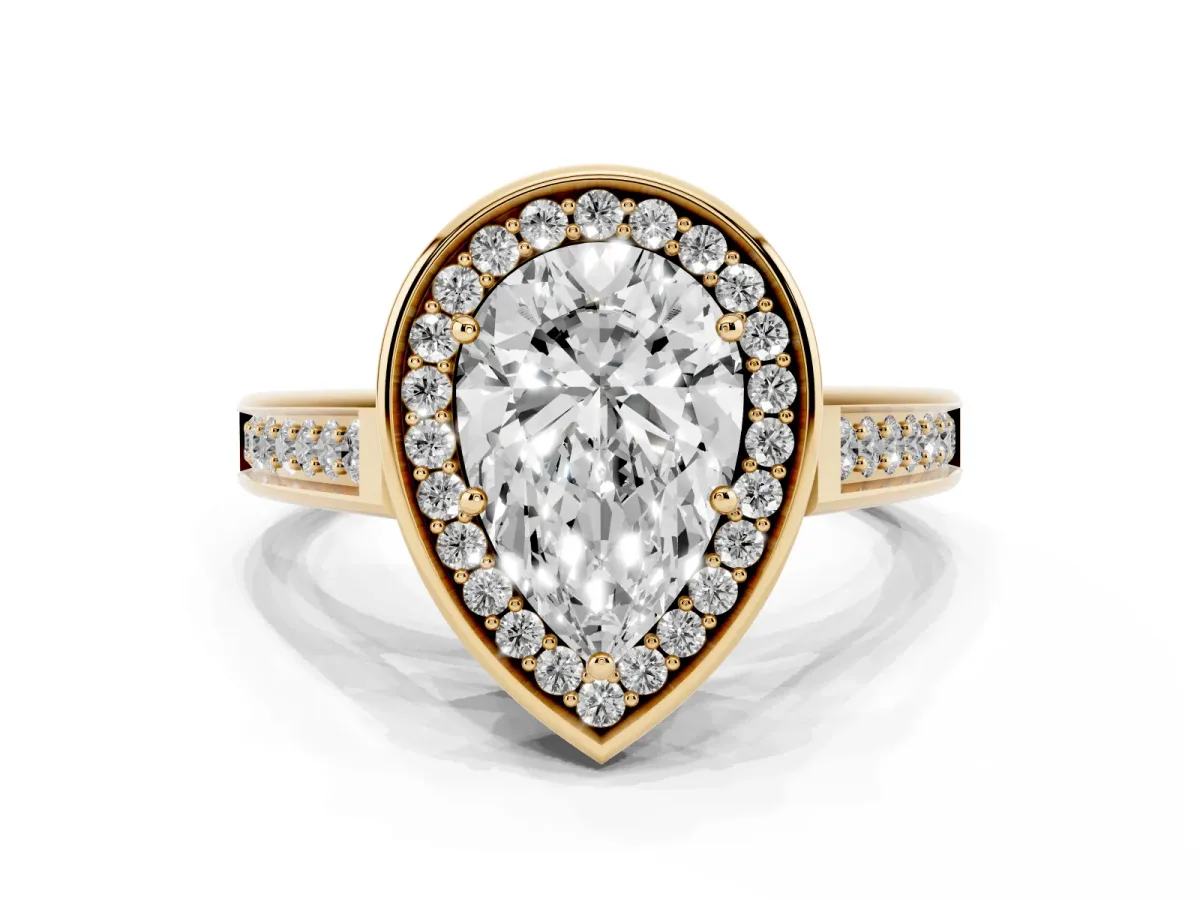 Pear Cut Halo Solitaire Diamond Ring with Pave Band and Bezel Setting Yellow gold