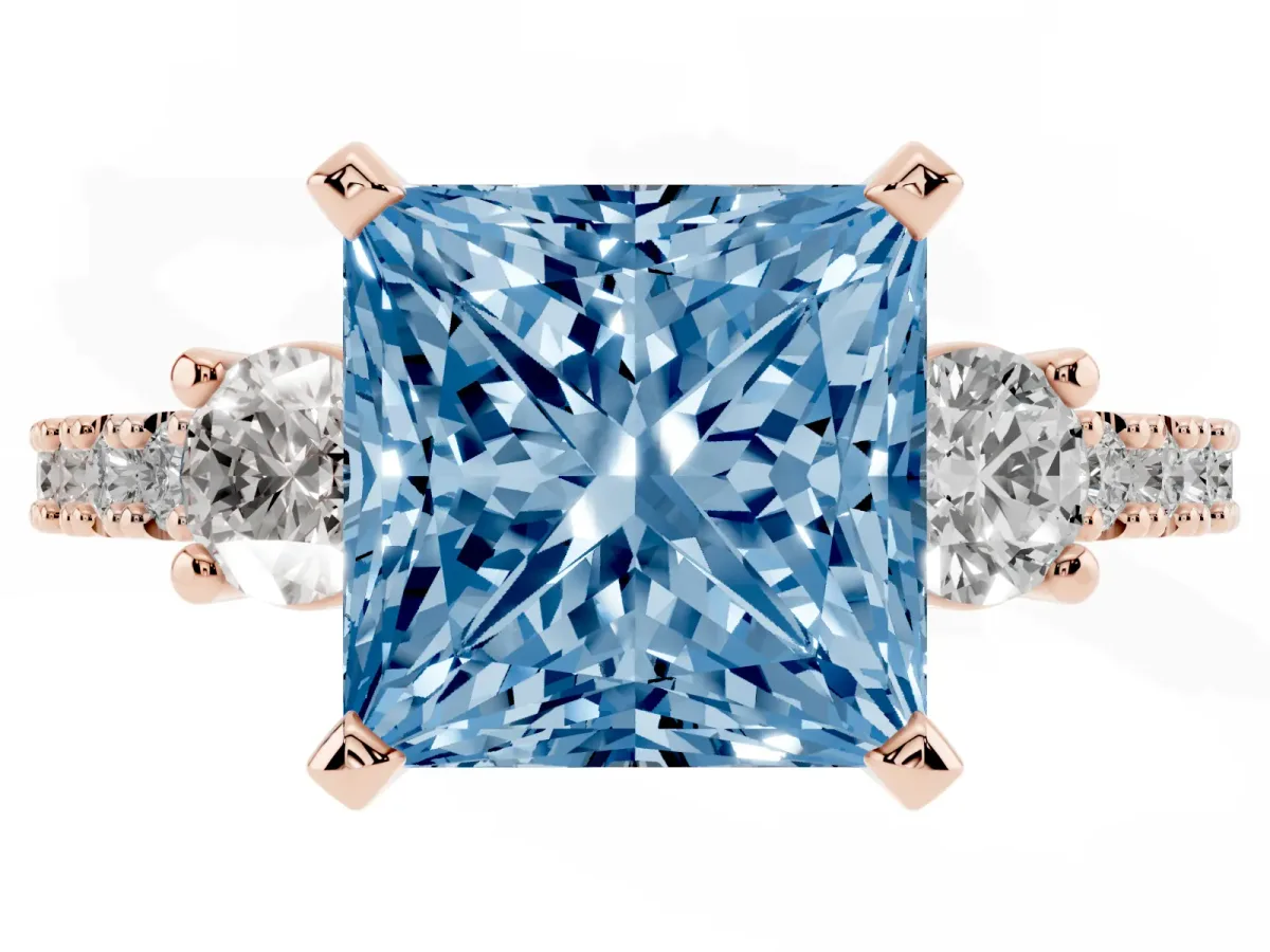 Fancy Blue Princess Cut Three-Stone Diamond Pavé Band with Prong Setting Rose gold