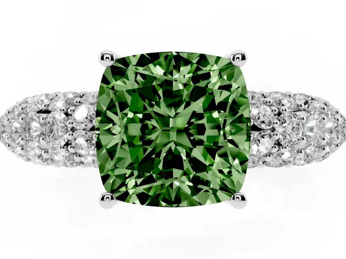 Fancy Green Cushion Cut Diamond Pavé Band Solitaire Ring with Four-Prong Setting Silver