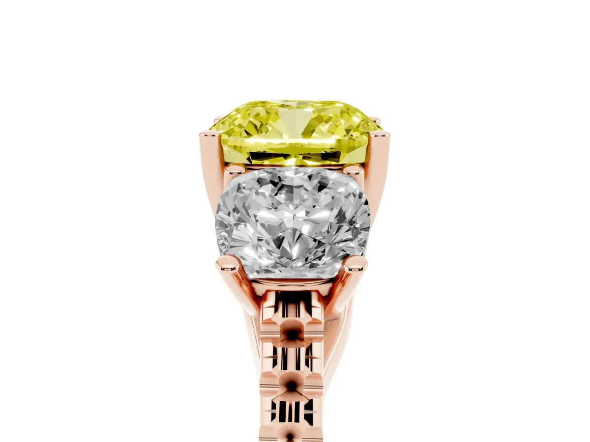 Fancy Yellow Three-Stone Cushion Cut Diamond Ring with Round Pavé Band and Prong Setting Rose gold