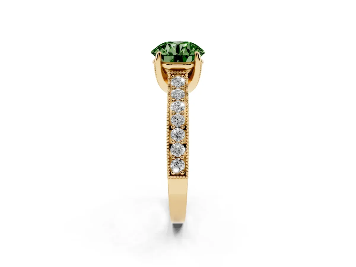 Fancy Green Round Cut Cut Diamond Solitaire Ring with Milgrain Pave Band and Four Prong Setting Yellow gold
