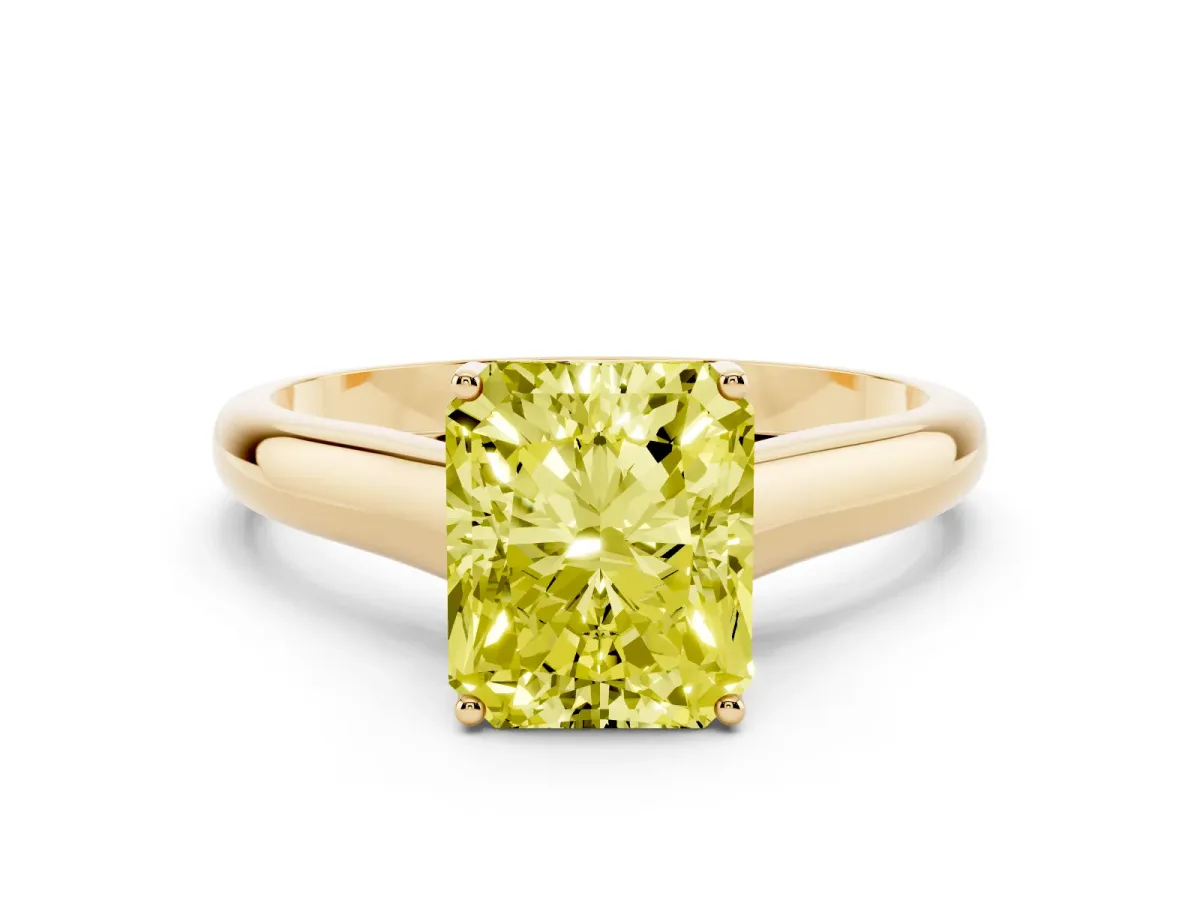 Fancy Yellow Radiant Cut Solitaire Engagement Ring with Tapered Band and Four-Prong Setting Yellow gold