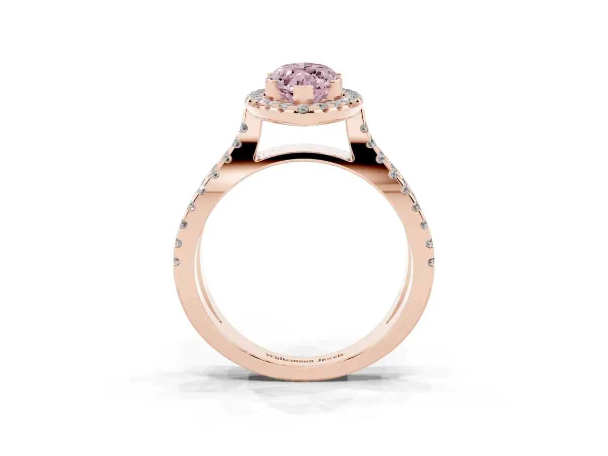 Fancy Pink Marquise Cut Diamond Halo Ring with Split Shank Pavé Band and Prong Setting Rose gold