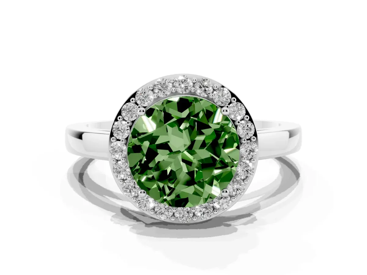 Fancy Green Round Cut Halo Diamond Ring with Solitaire Band and Prong Setting Silver