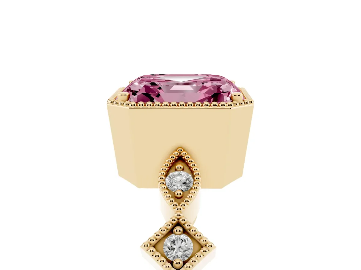 Fancy Pink Asscher Cut Milgrain Marquise Diamond Twist Band Ring Yellow gold
