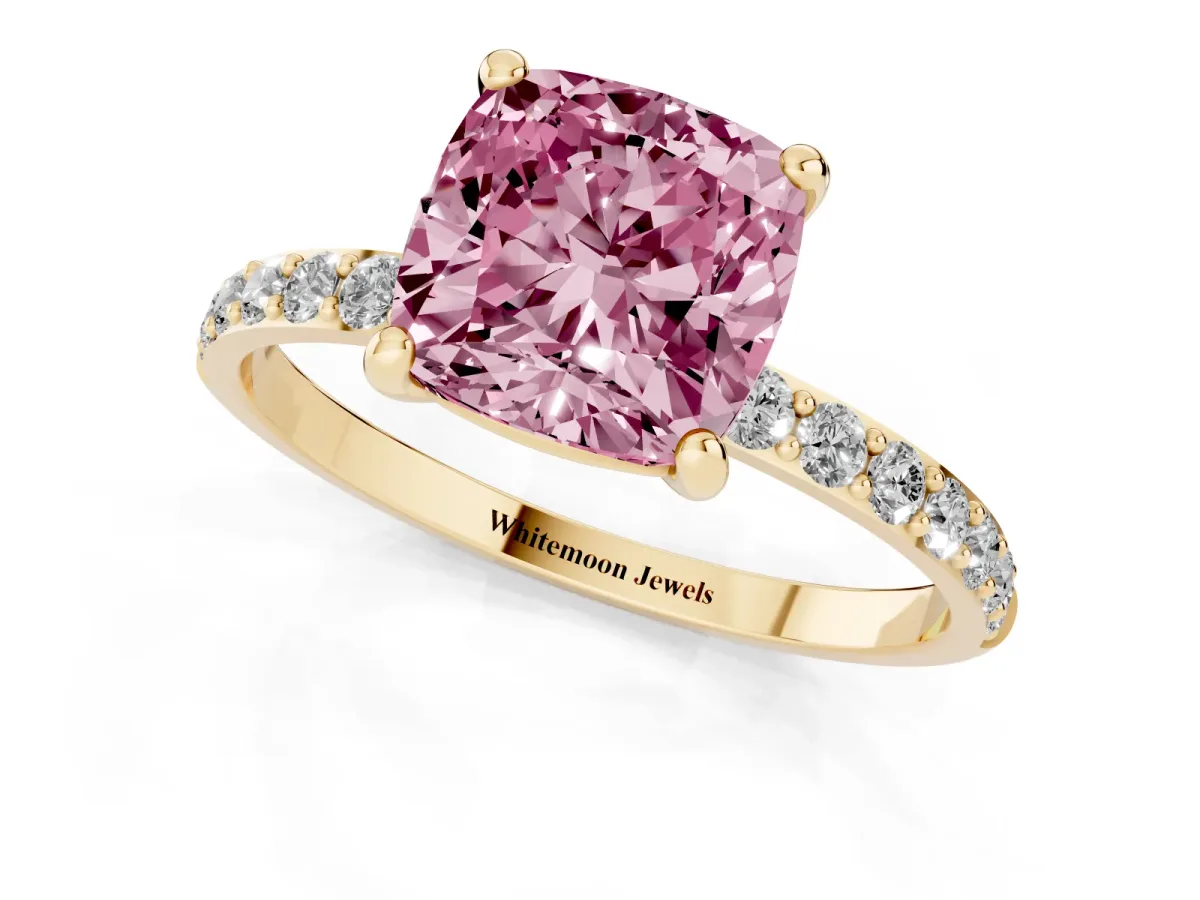 Fancy Pink Cushion Cut Diamond Solitaire Ring with Round Pavé Band and Prong Setting Yellow gold