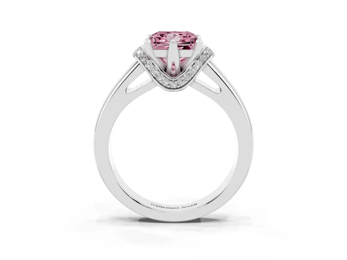 Fancy Pink Princess Cut Solitaire Diamond Ring with Pave Band and Six-Prong Setting White gold