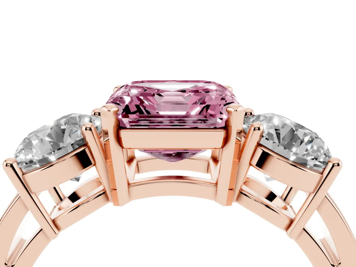 Fancy Pink Three-Stone Asscher Cut Diamond Ring with Round Side Stones, Classic Band, and Four-Prong Setting Rose gold