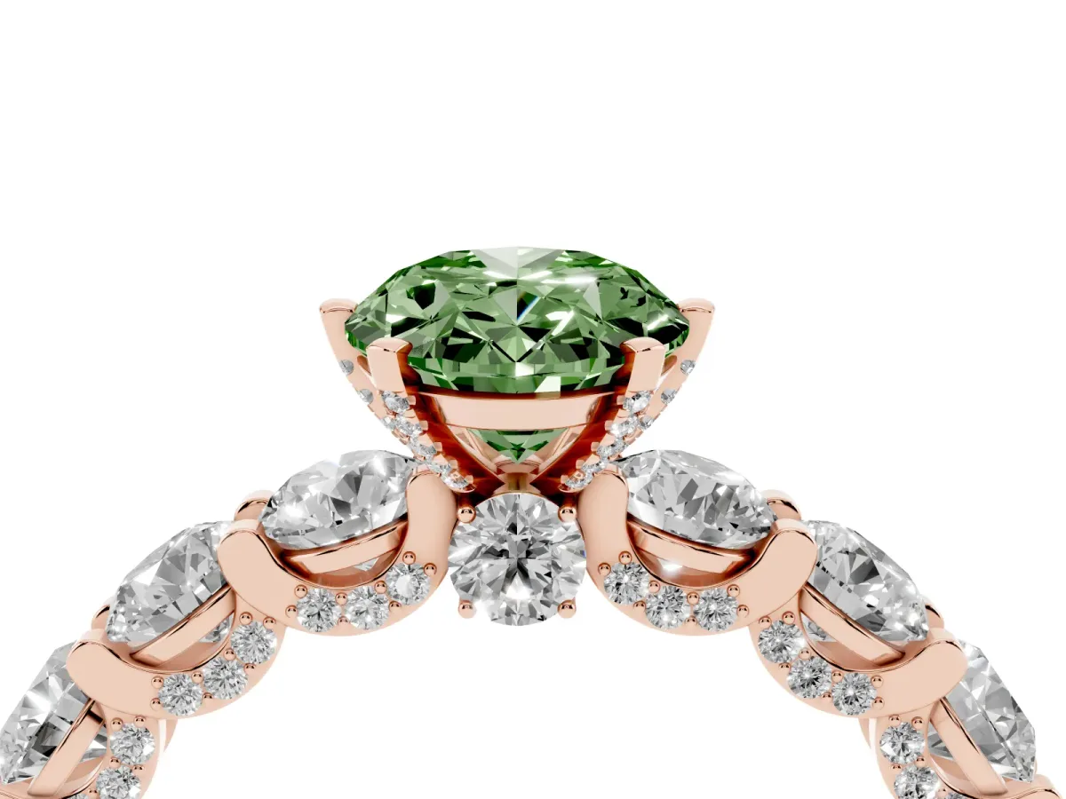 Fancy Green Oval Cut Diamond Side Stone Engagement Ring with Four-Prong Setting Rose gold