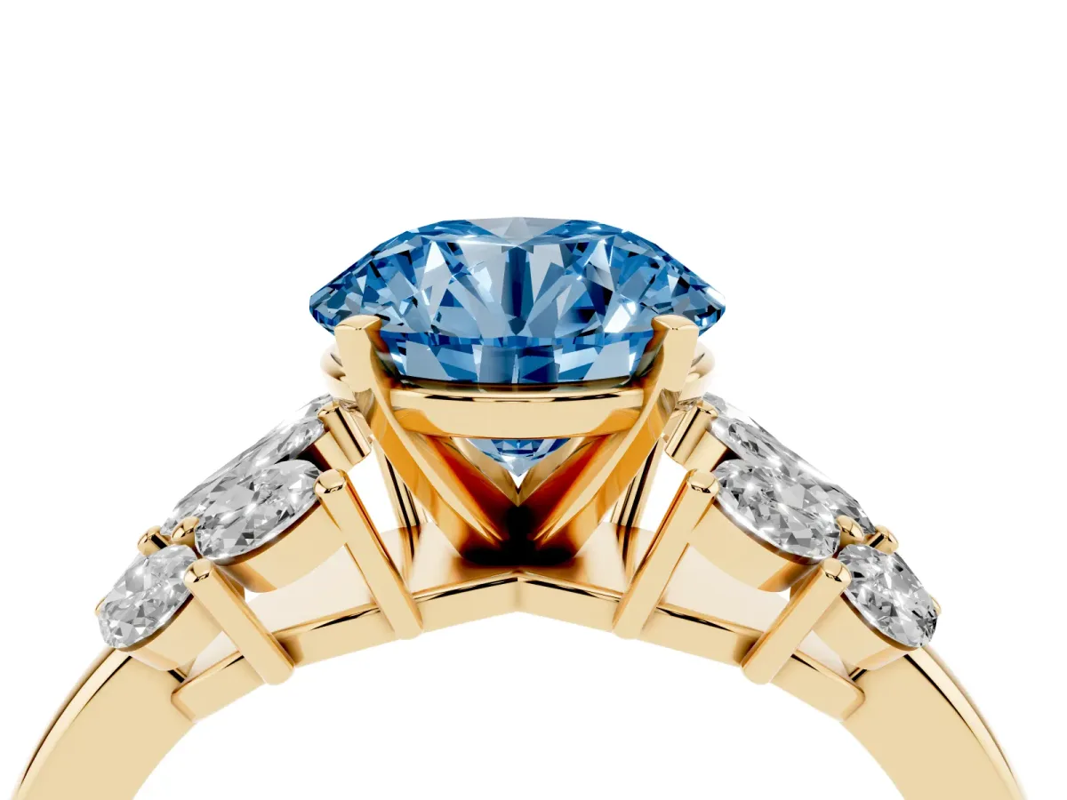 Fancy Blue Round Cut Diamond Cluster Leaf Design Ring with Prong Setting Yellow gold