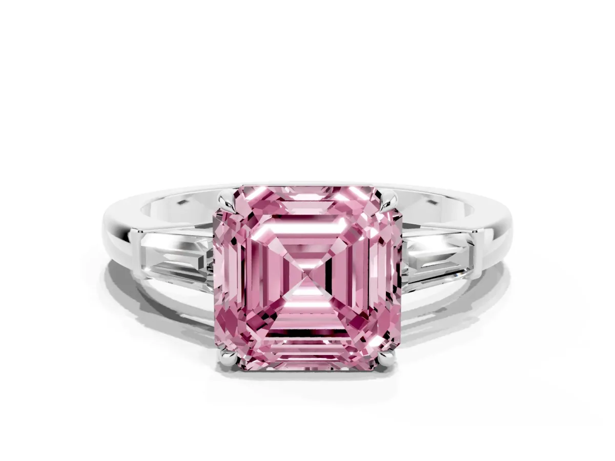 Fancy Pink Asscher Cut Diamond Three-Stone Ring with Tapered Baguette Side Stones and Prong Setting White gold
