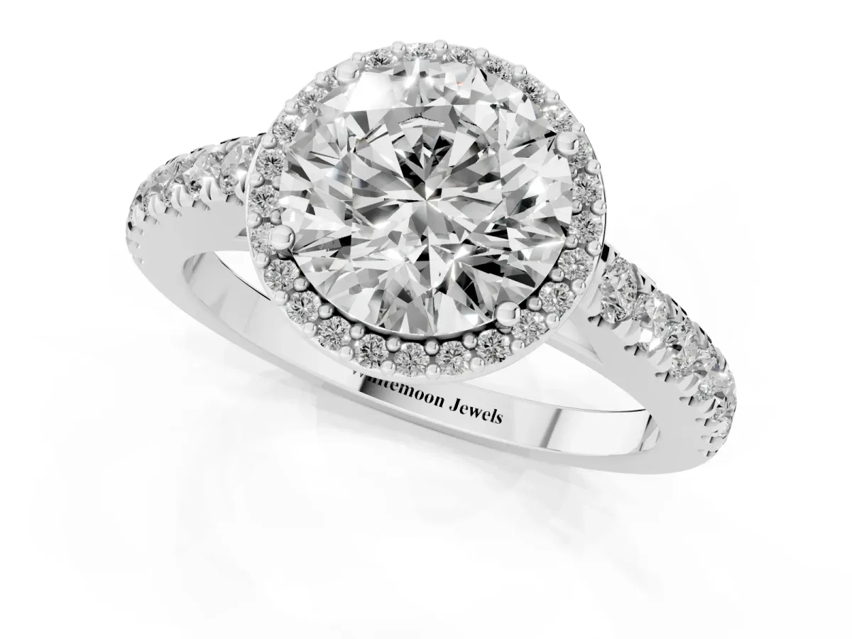 Round Cut Cut Halo Diamond Engagement Ring with Pave Band and Four-Prong Setting White gold