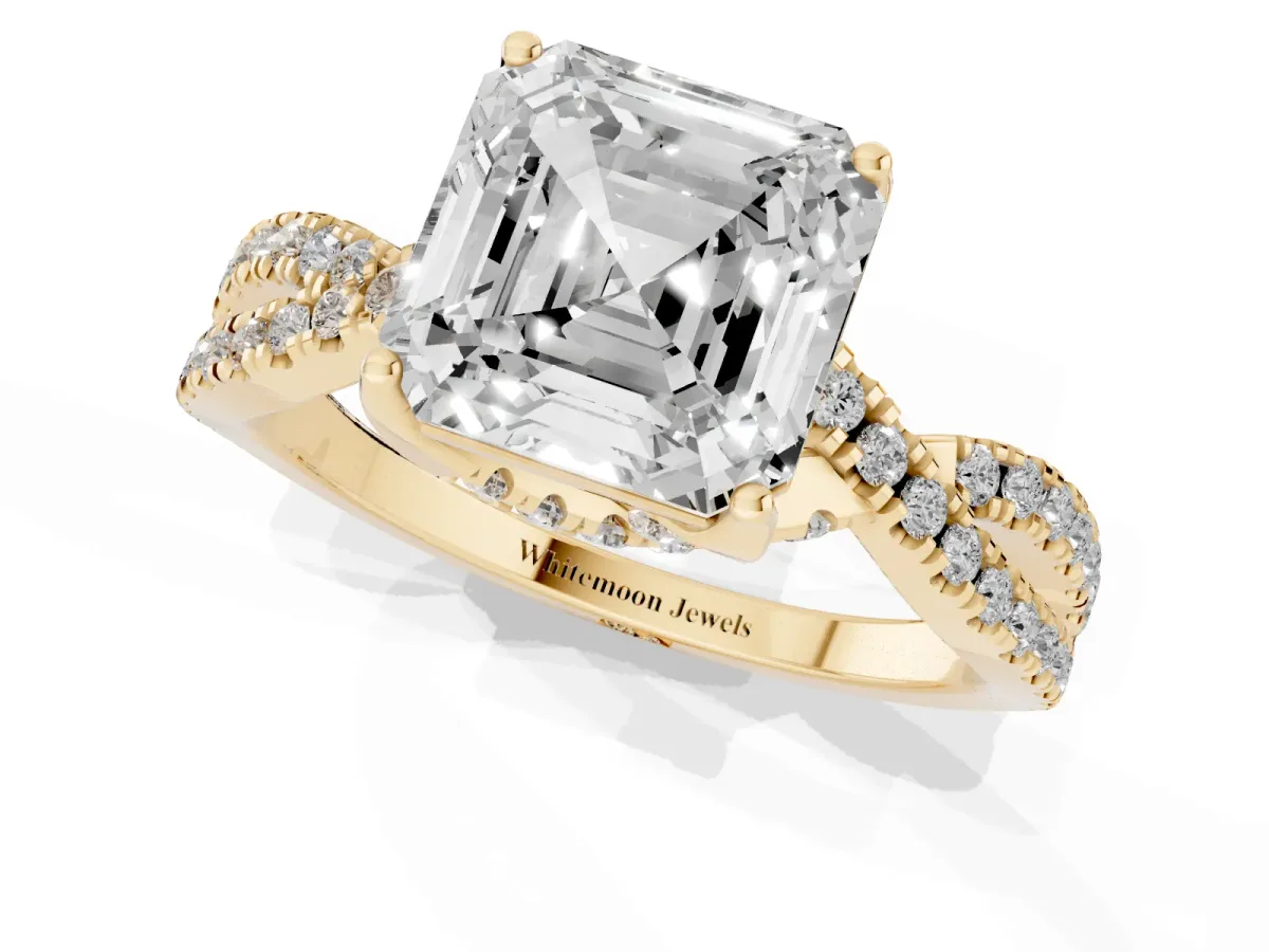 Asscher Cut Solitaire Twist Pave Diamond Engagement Ring with Prong Setting Yellow gold