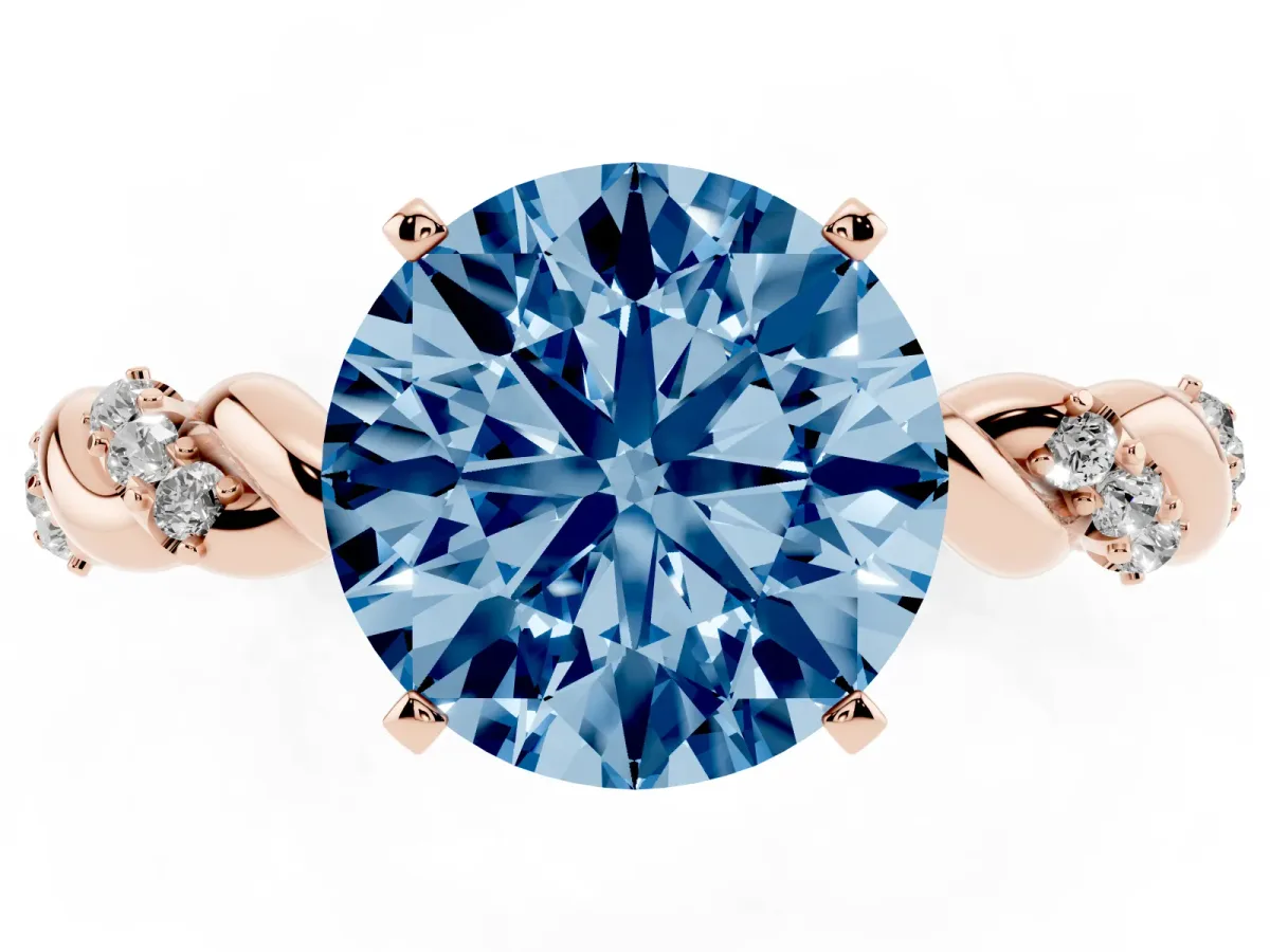 Fancy Blue Round Cut Diamond Solitaire Ring with Twisted Band and Pavé Accents Rose gold