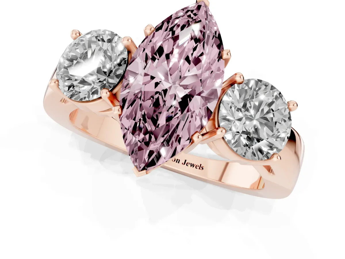 Fancy Pink Three-Stone Marquise Cut Diamond Ring with Round Side Stones, Classic Band, and Four-Prong Setting Rose gold