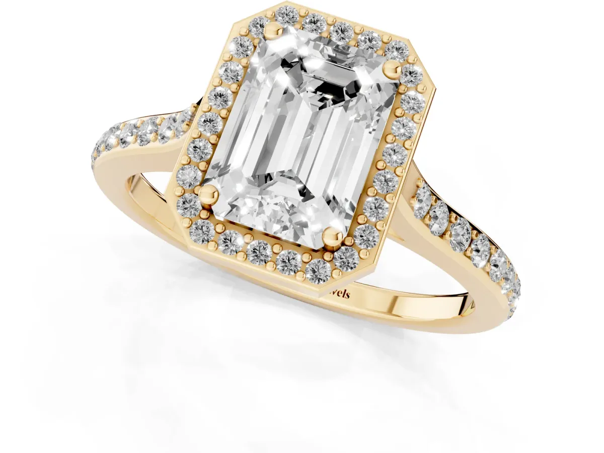Emerald Cut Diamond Halo Engagement Ring with Round Pavé Shoulders and Prong Setting Yellow gold