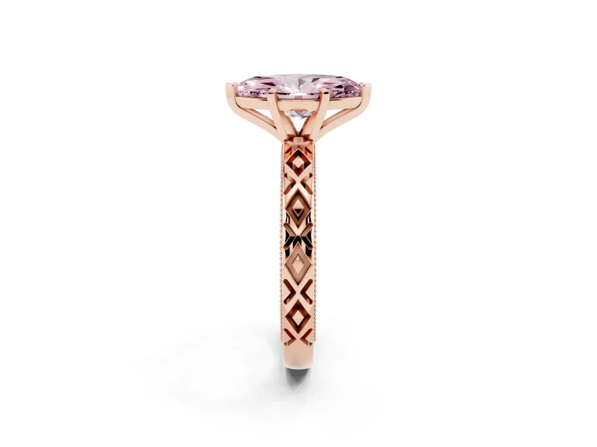 Fancy Pink Marquise Cut Solitaire Diamond Ring with Milgrain and Black Enamel X Pattern Band Rose gold