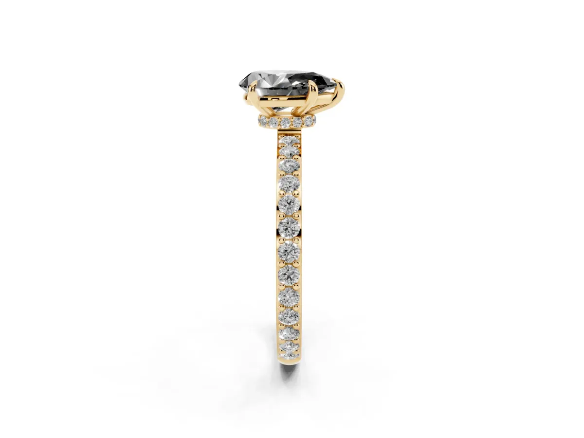 Fancy Black Pear Cut Diamond Pavé Engagement Ring with Round Accents and Prong Setting Yellow gold