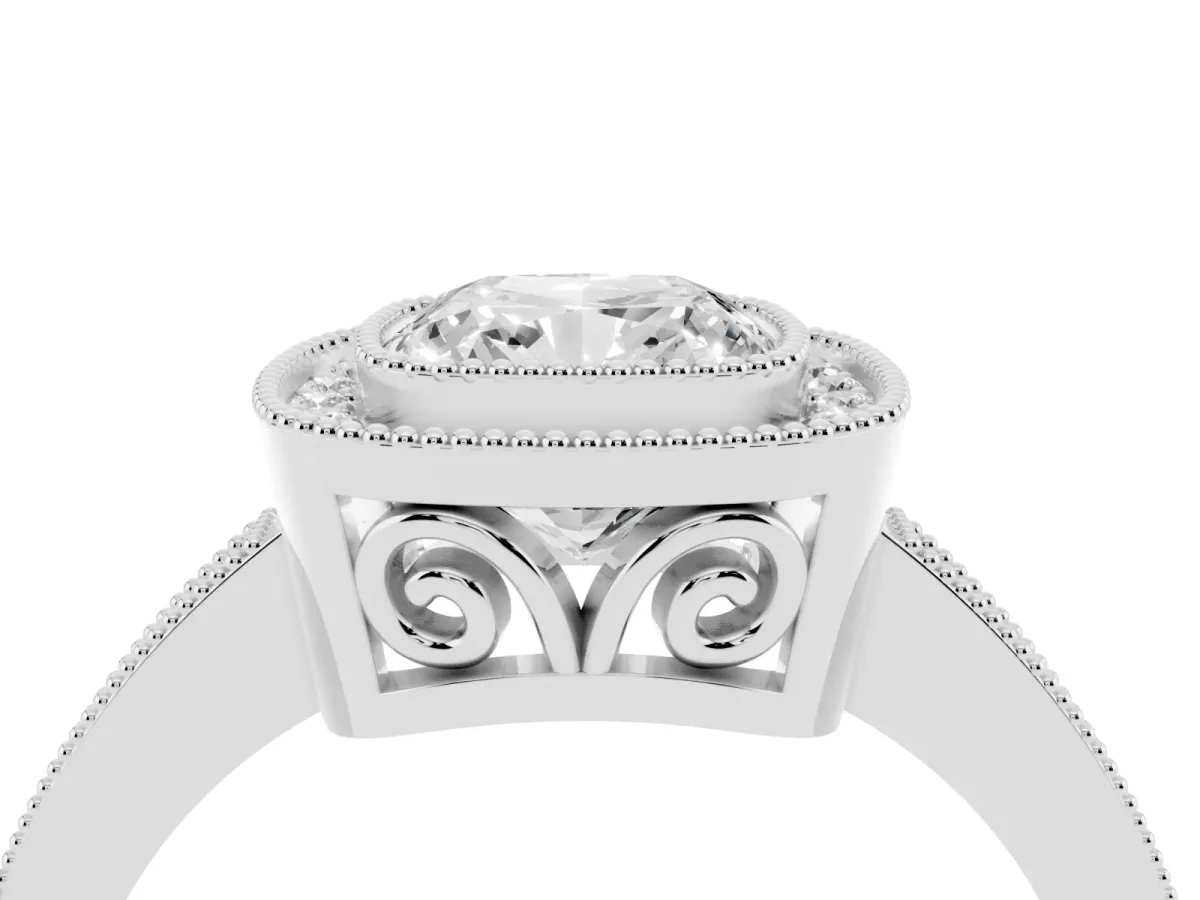 Cushion Cut Cut Halo Diamond Ring with Pavé Band and Milgrain Prong Setting Platinum