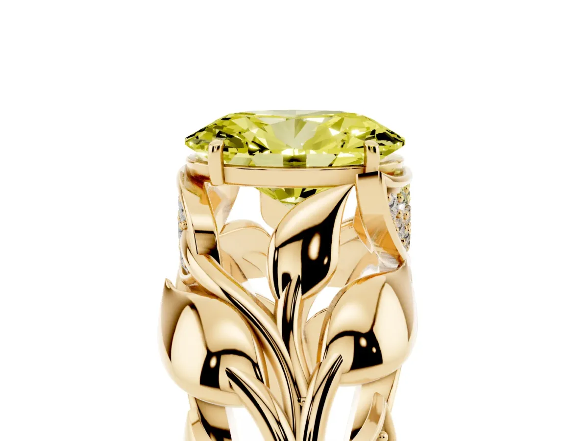 Fancy Yellow Oval Cut Diamond Leaf-Inspired Engagement Ring with Round Accents and Prong Setting Yellow gold