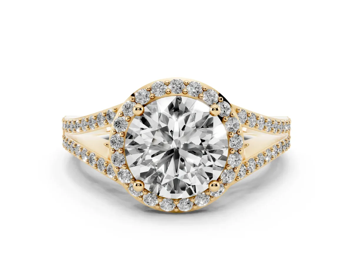 Round Cut Halo Split Shank Diamond Ring with Prong Setting Yellow gold