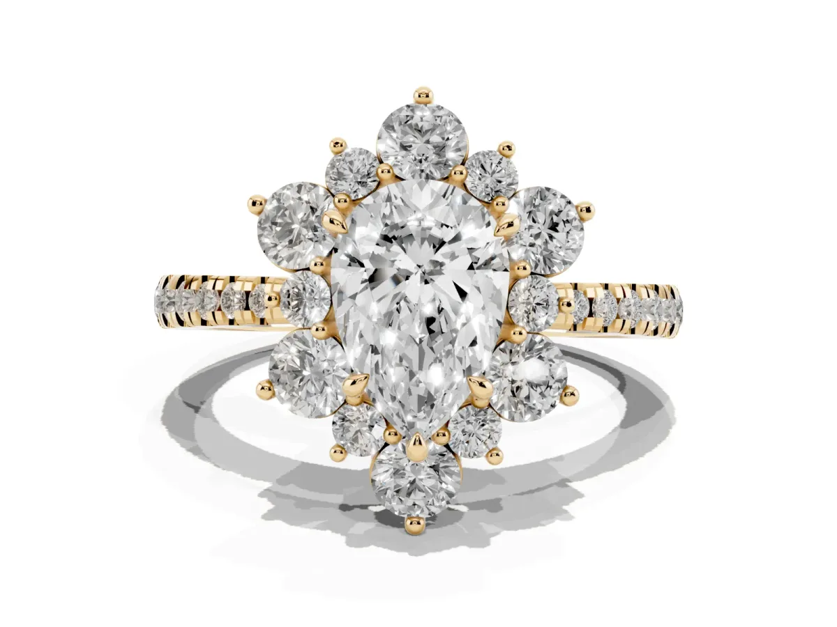 Pear Cut Diamond Floral Halo Ring with Round Pavé Band and Prong Setting Yellow gold