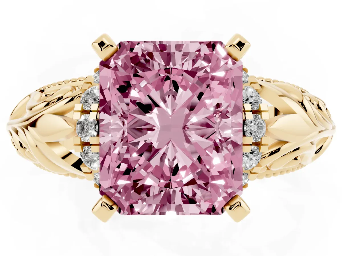 Fancy Pink Radiant Cut Solitaire Filigree Engagement Ring with Halo and Prong Setting Yellow gold