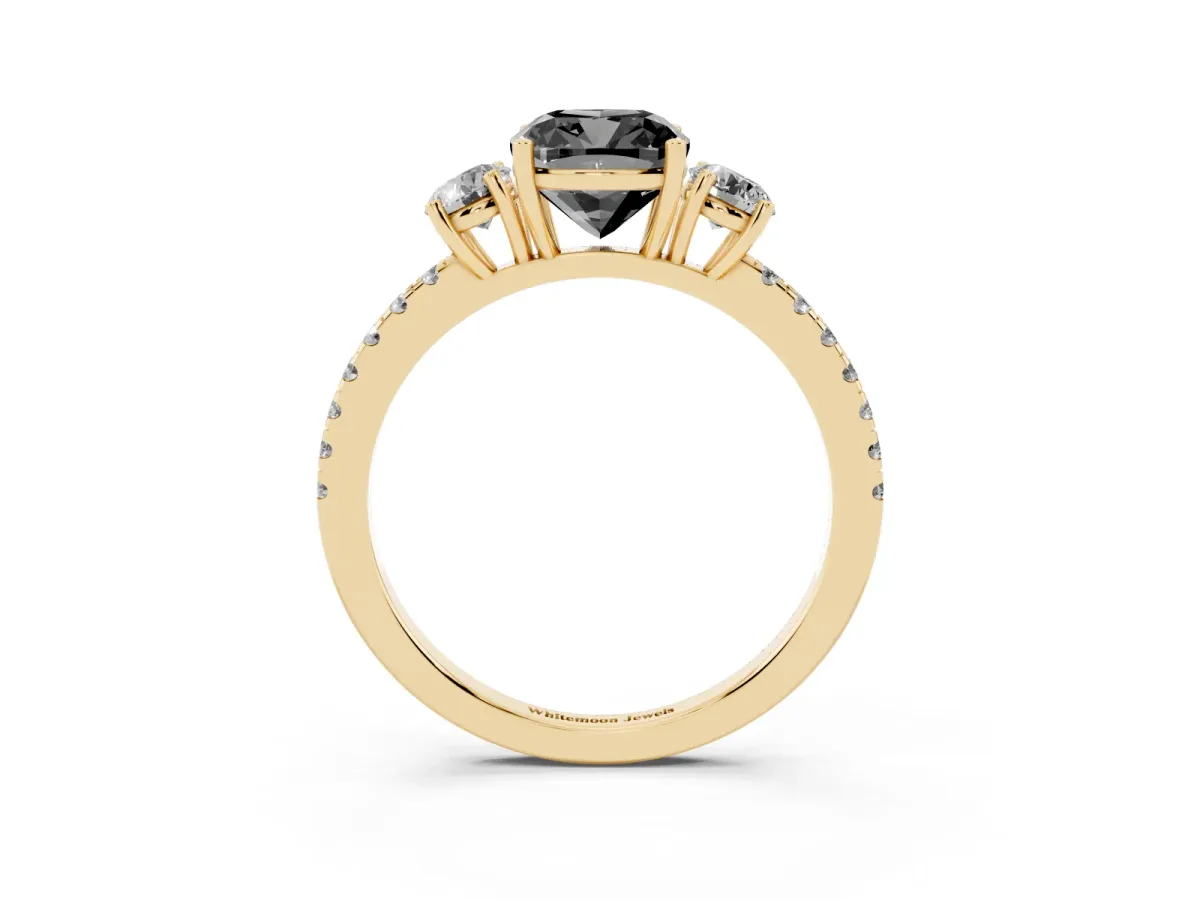 Fancy Black Three-Stone Cushion Cut Cut Diamond Pavé Band with Prong Setting Yellow gold