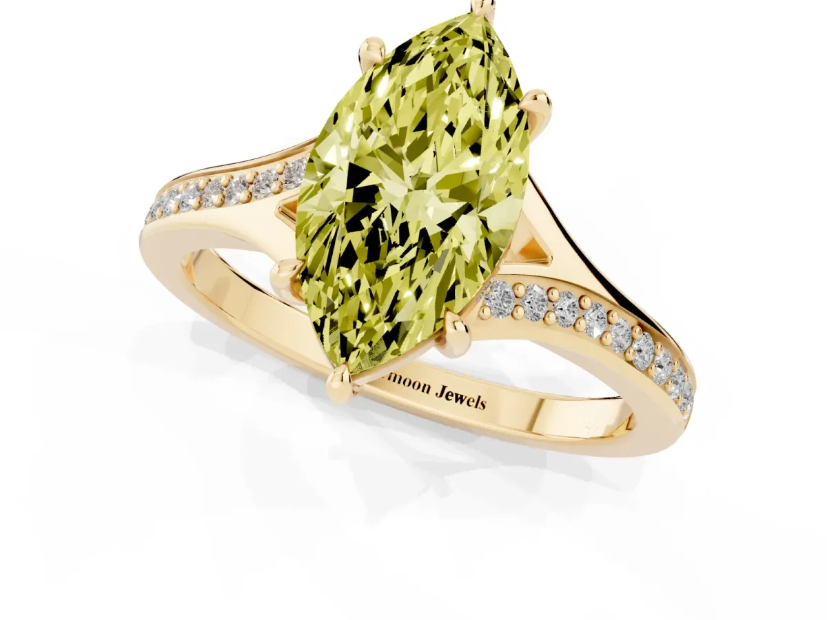 Fancy Yellow Marquise Cut Diamond Solitaire Ring with Pavé Band and Prong Setting Yellow gold