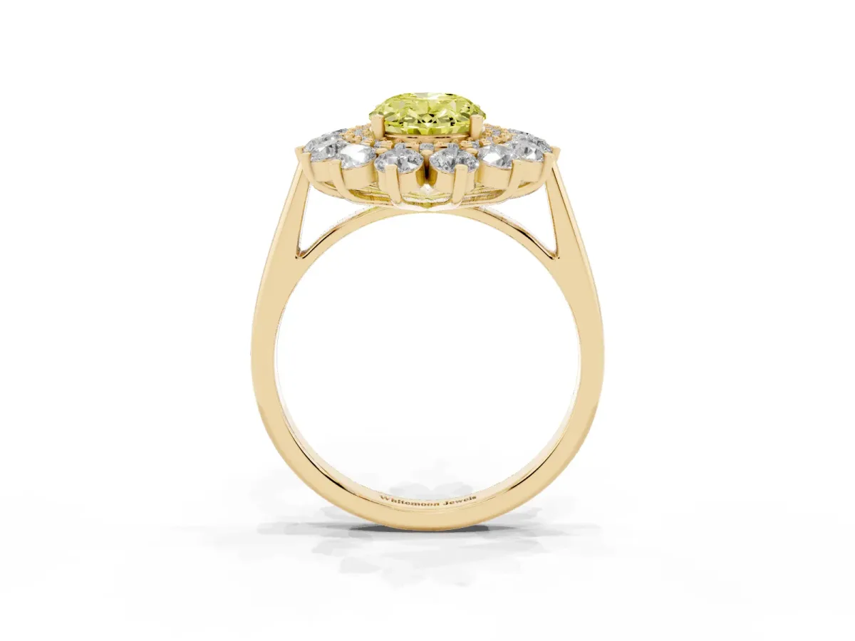 Fancy Yellow Oval Cut Diamond Floral Double Halo Engagement Ring with Prong Setting Yellow gold