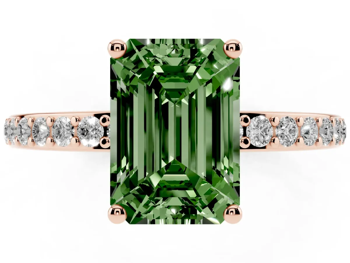 Fancy Green Emerald Cut Cut Diamond Pavé Band Ring with Four-Prong Setting Rose gold