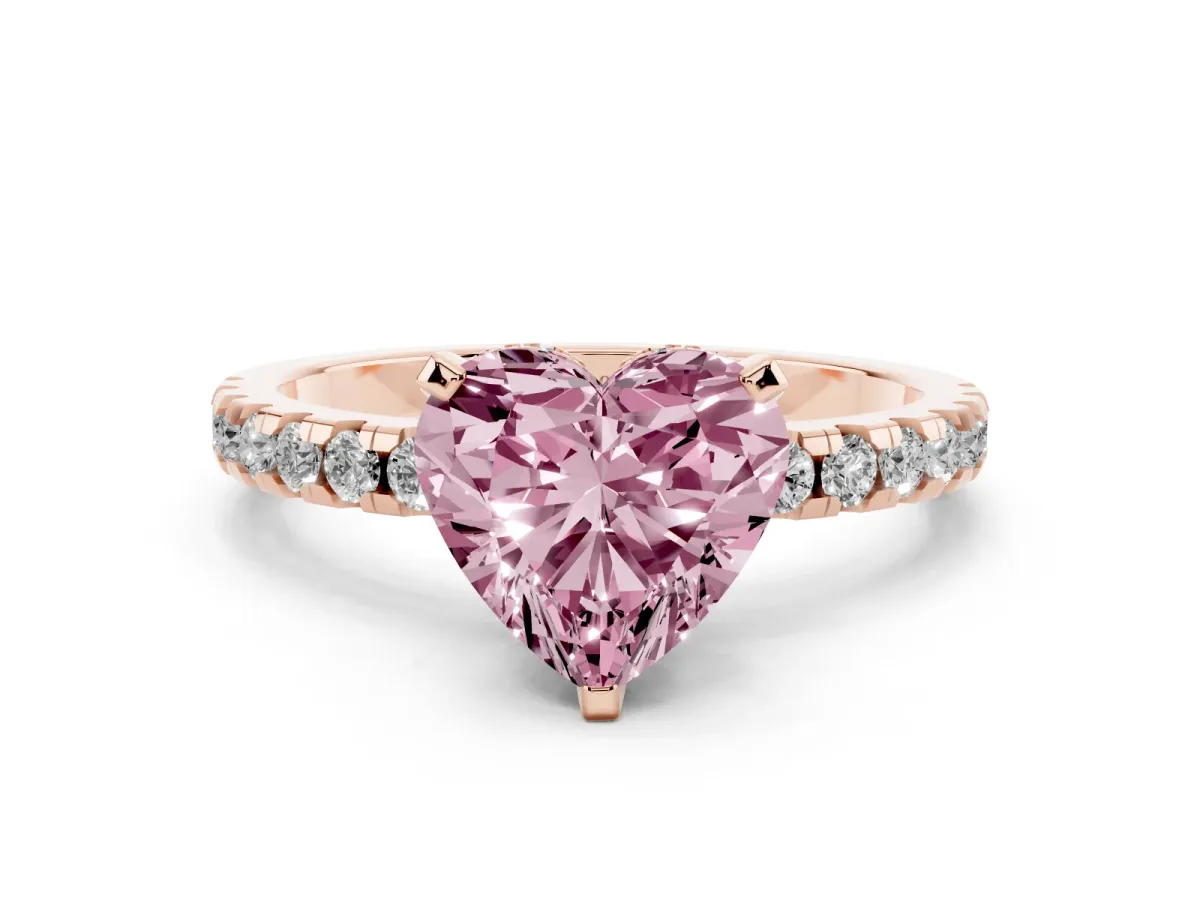 Fancy Pink Heart Cut Diamond Solitaire Ring with Round Pavé Band and Four-Prong Setting Rose gold